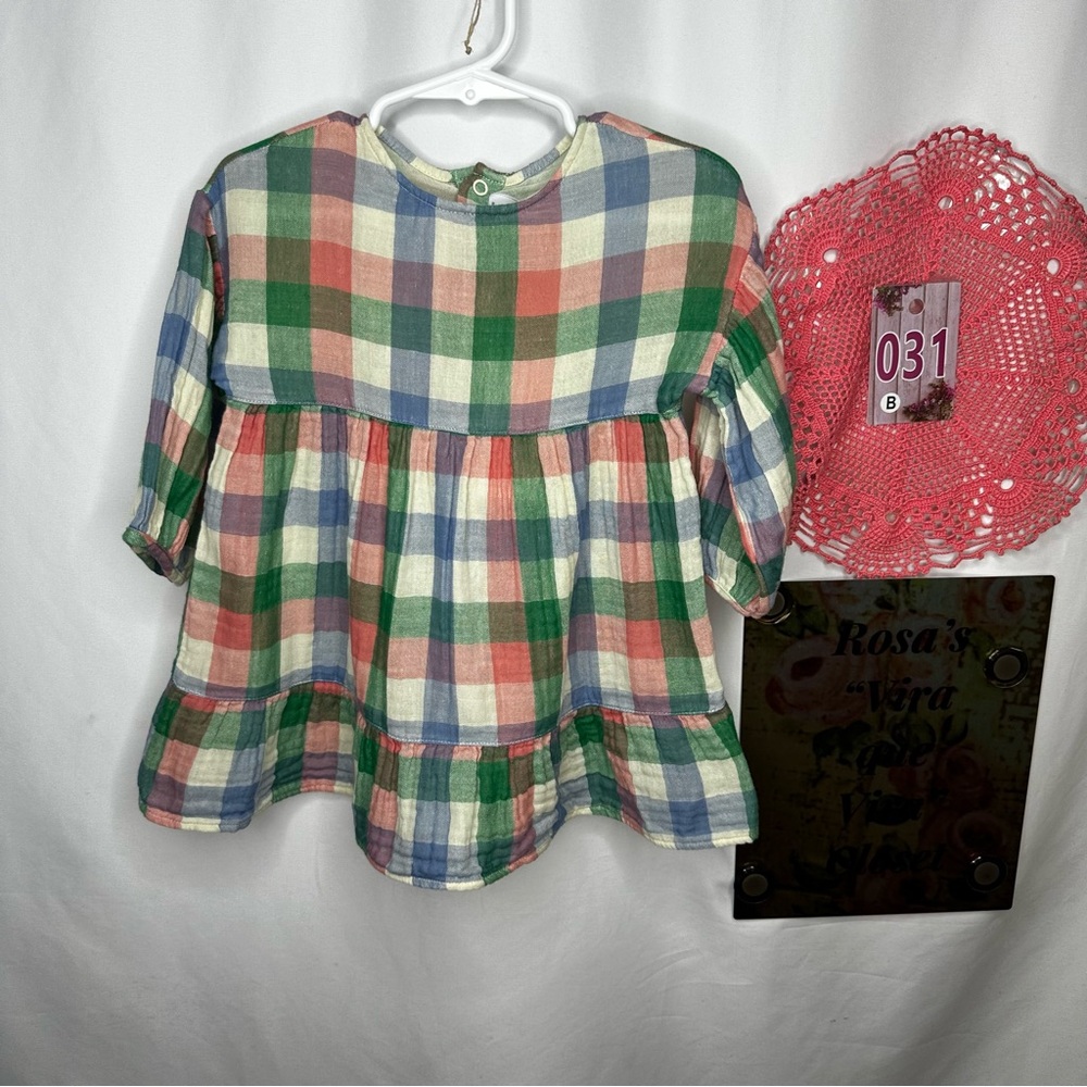 NWT Petit Bateau Babies' Long-Sleeve Cotton Gauze Plaid Dress - Picture 4 of 12